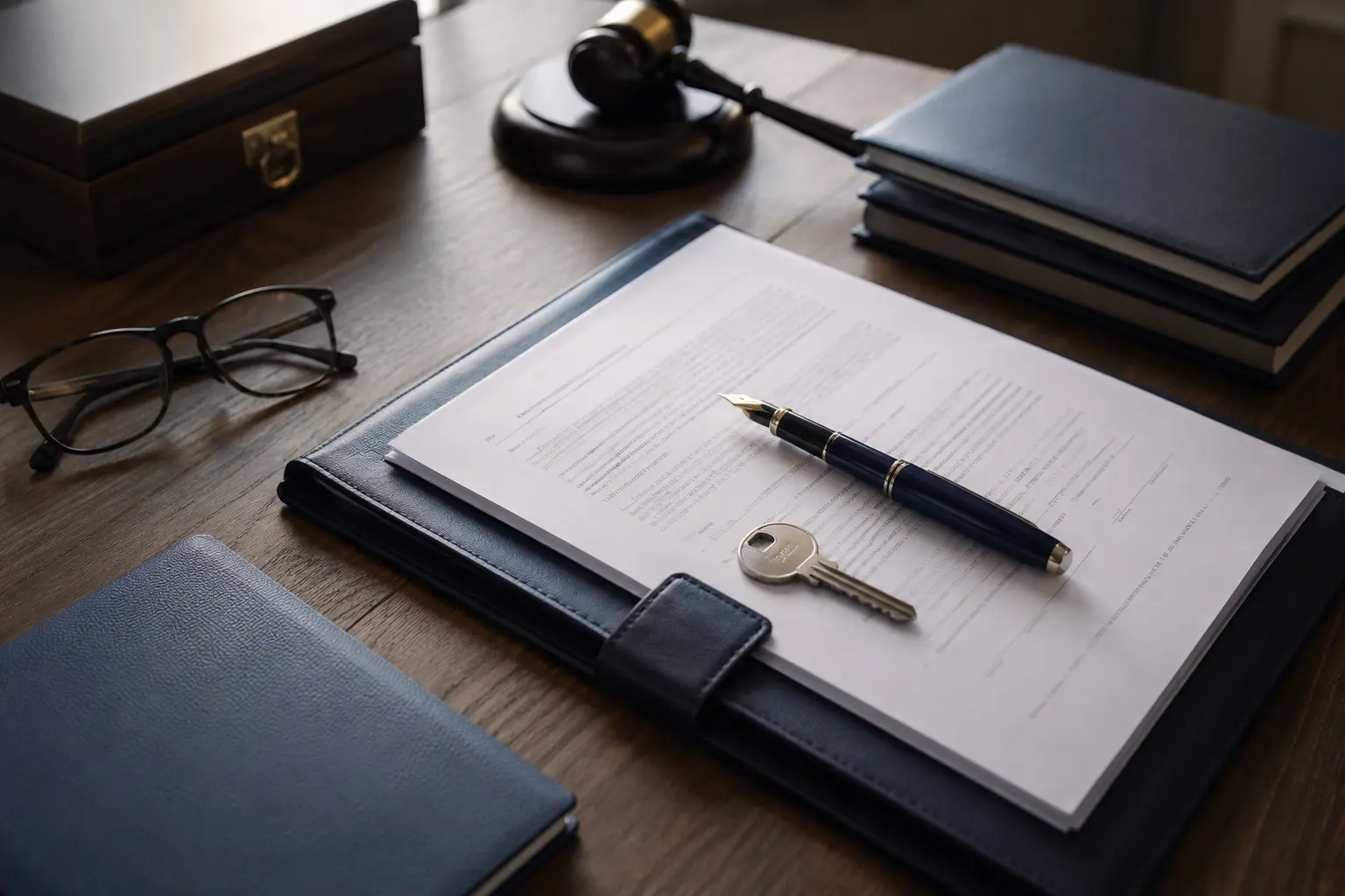 Escritorio con un contrato impreso, pluma y una llave sobre una carpeta, evocando patrimonio y propiedad