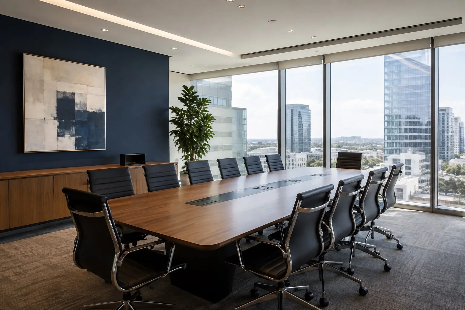 Sala de juntas moderna y luminosa con mesa larga, sillas ejecutivas y ventanales con vista a la ciudad
