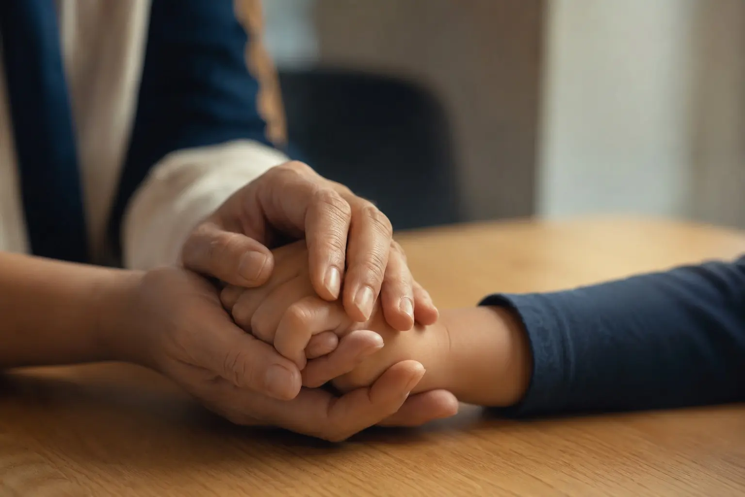 Manos de un adulto sosteniendo con delicadeza la mano de un niño sobre una mesa de madera, ambiente cálido y protector