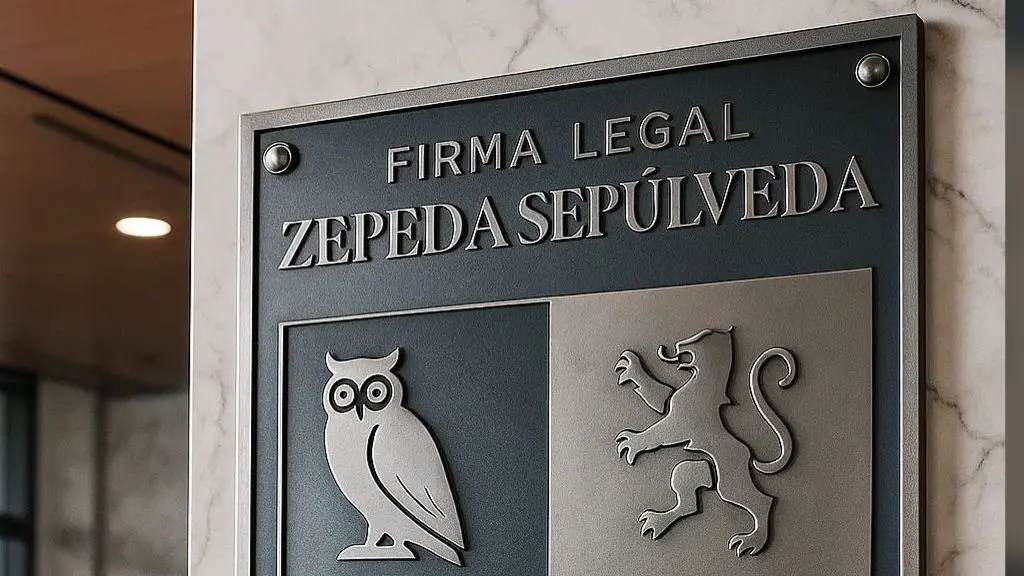 Placa metálica institucional de la firma: Firma Legal Zepeda Sepúlveda, con escudo de búho y león sobre muro de mármol
