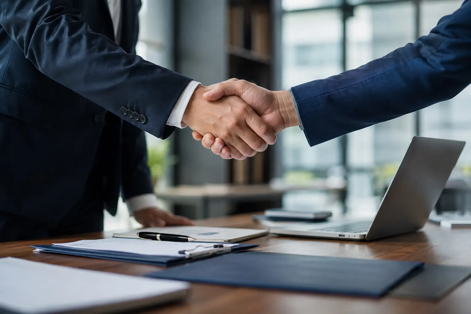 Dos profesionales de negocios estrechando la mano sobre una mesa de reuniones con documentos y una laptop
