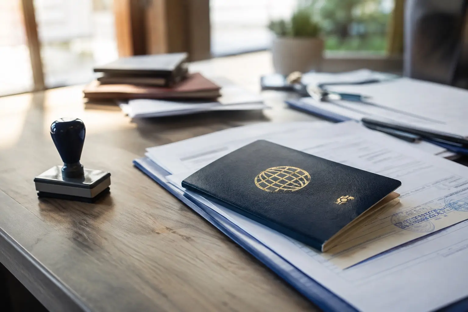 Pasaporte y documentos oficiales con un sello sobre un mostrador junto a una ventana con luz natural