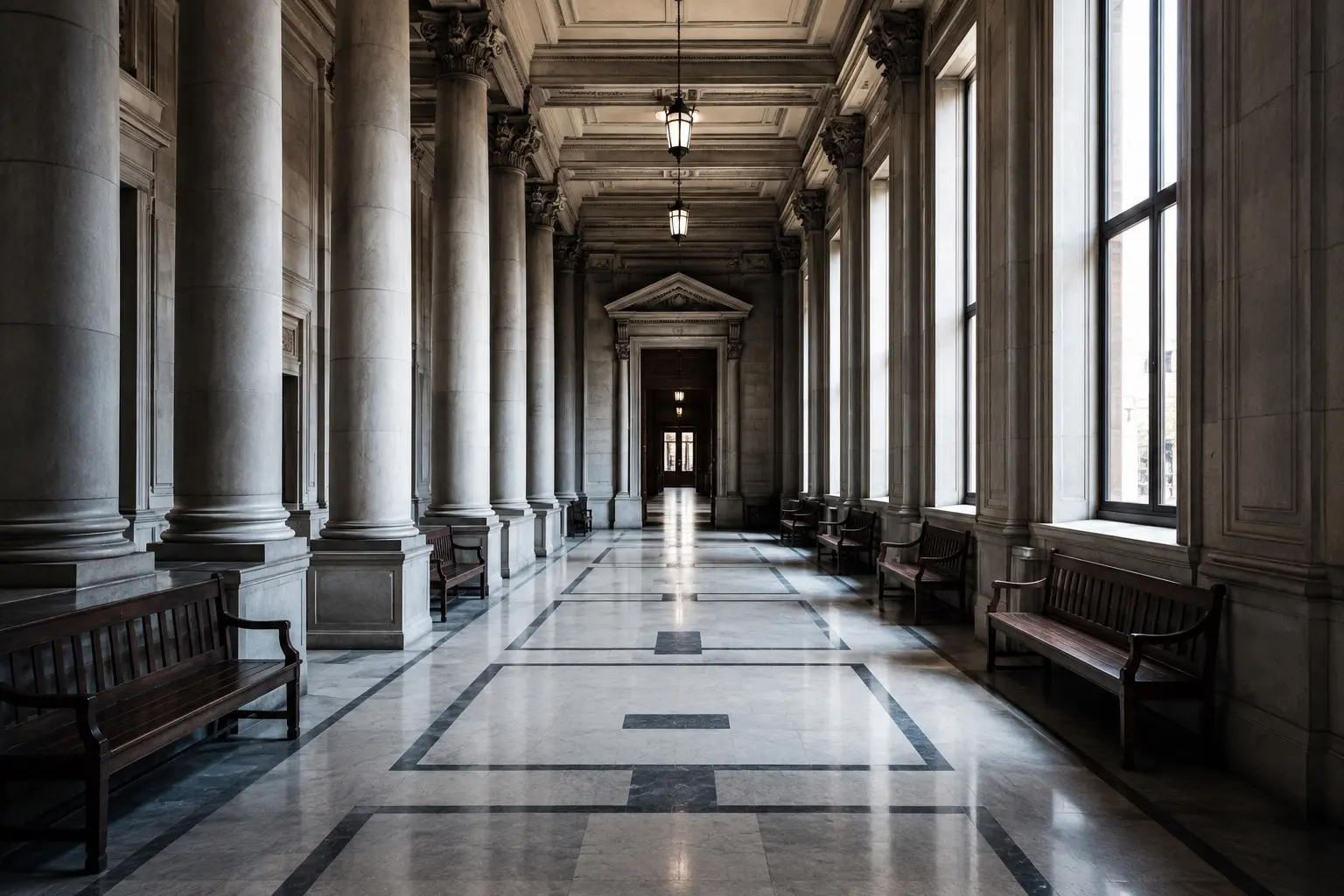 Pasillo solemne de un edificio judicial con columnas y luz natural entrando por los ventanales